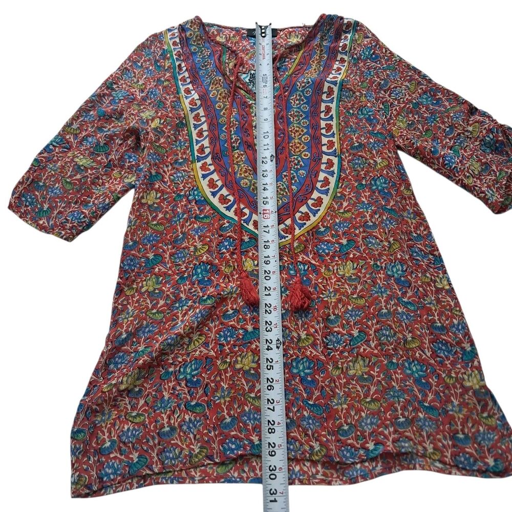 Tolani Tunic Top Women's XS Red Silk Colorful Floral Tassel‎ 3/4 Sleeve Boho - Picture 13 of 13